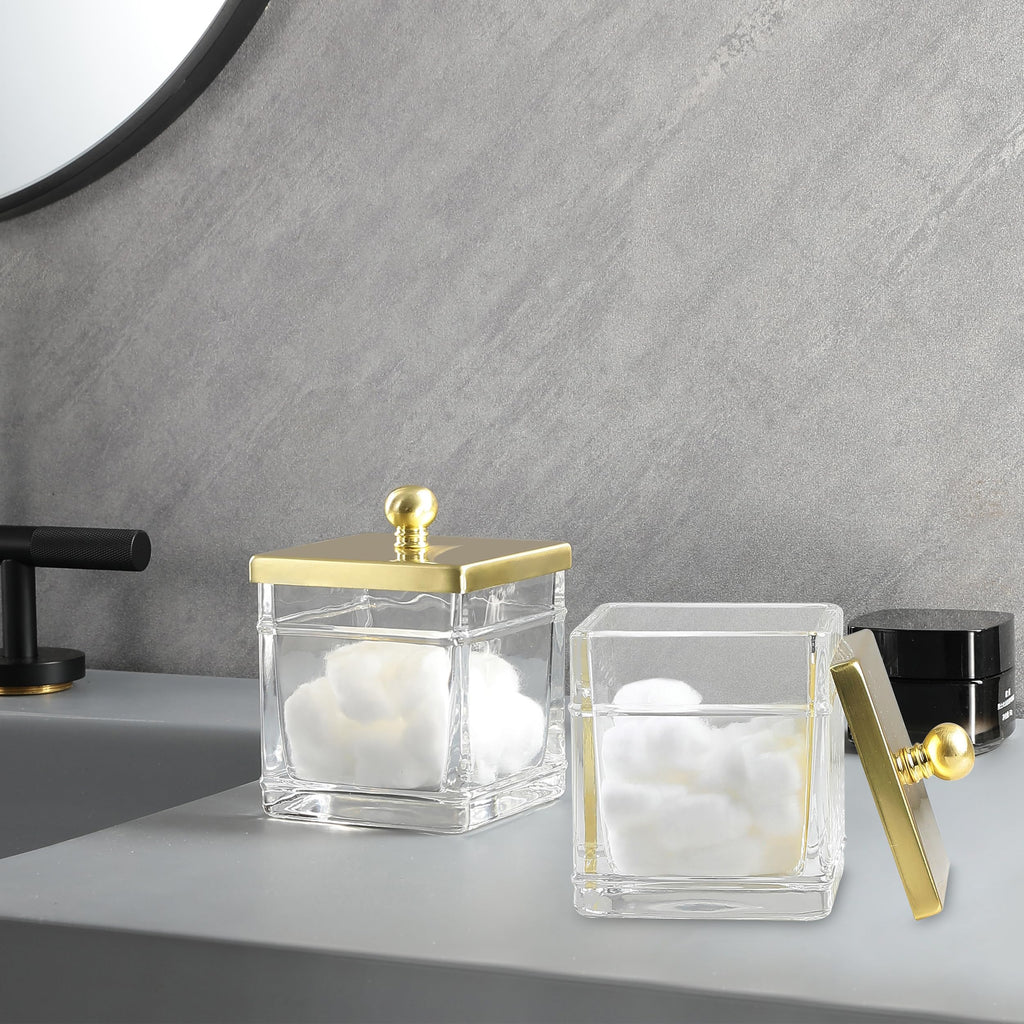 Indecor Home Glass Cotton Jar Holder 2 Pack– Brushed Gold Lid, Elegant Bathroom Storage Canister for Qtips, Cotton Balls, Floss, Makeup Organizer, Vanity & Bathroom Organization