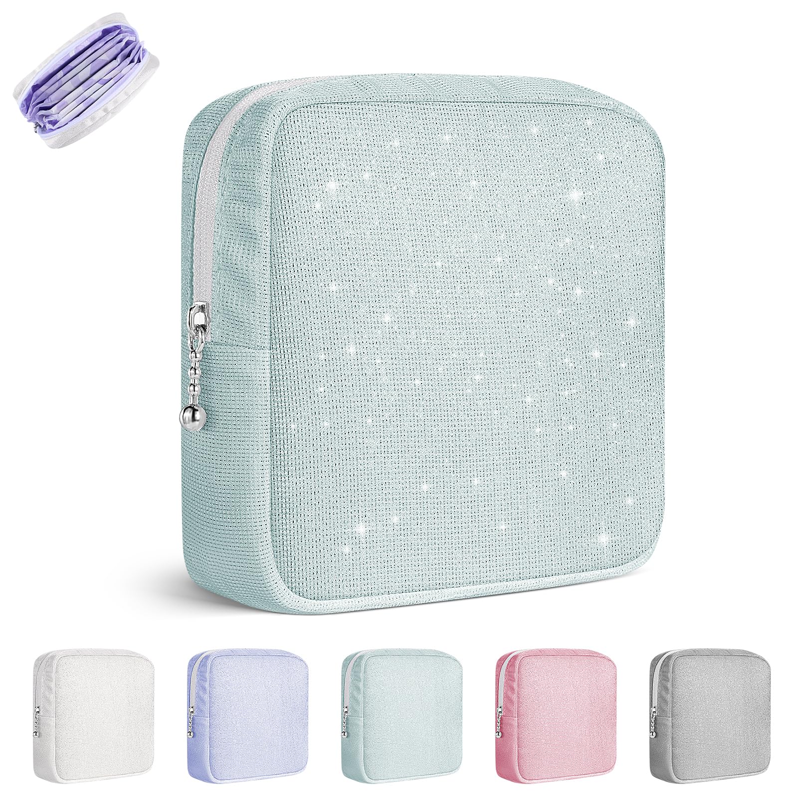 Playexen Period Bag, Sanitary Napkin Storage Bag, Period Pouches Menstrual Pad Tampon Holder for Purse (Glitter-Green)