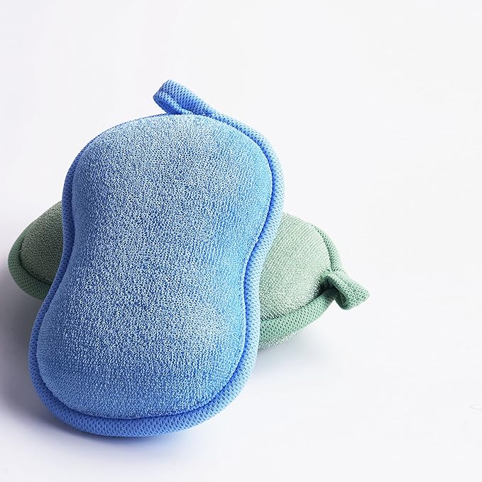 BabaMate Baby Bath Sponge - Ultra Soft Baby Sponge for Bathing - Kids Bath Sponges for Infants, Toddler Bath Time, 2 Count (1 Pack) - Green Blue