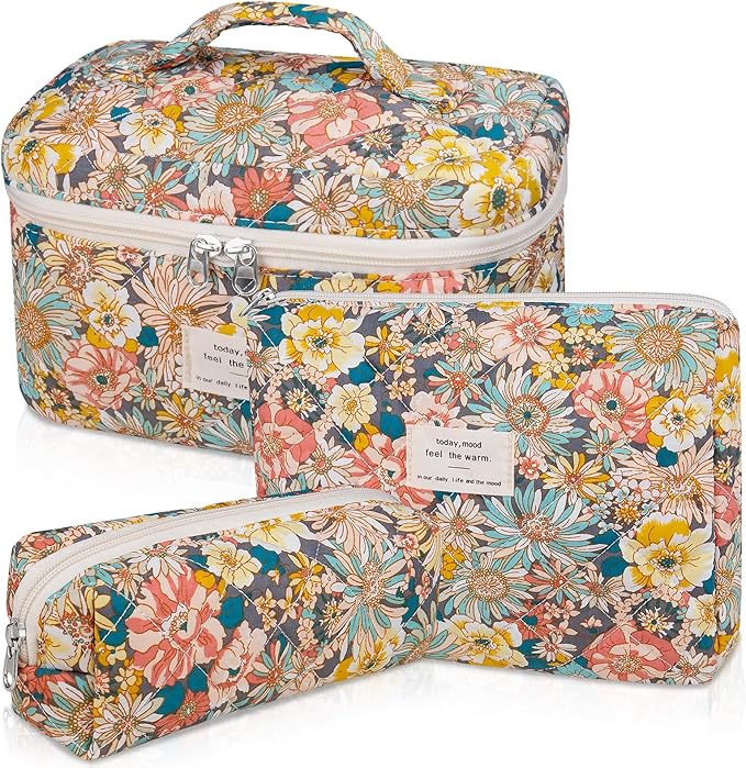 Gosect Makeup Bag Set, Quilted Makeup Bag, Large Floral Cosmetic Bag for Women, Cute Cotton Makeup Bags, Flower Travel Toiletry Organizer Bag (South Twigs Flower)