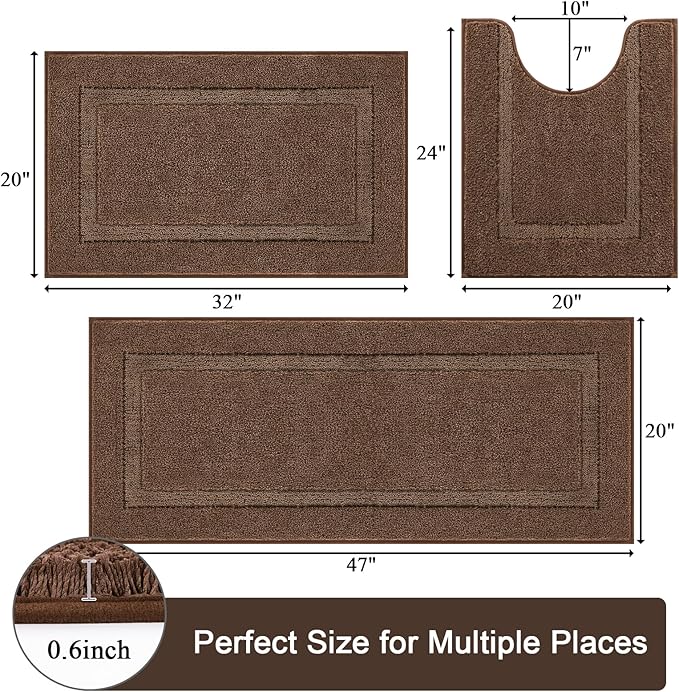SHACOS Dark Brown Bathroom Rugs Sets 3 Piece Bath Mat U Shaped Toilet Rug