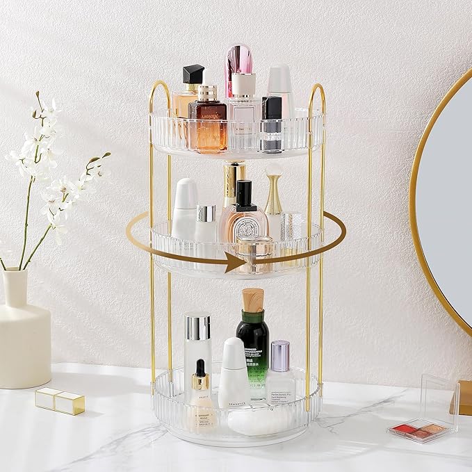 Aveniee 3-Tier 360° Rotating Makeup Organizer, Clear Spinning Perfume Cosmetic Storage for Vanity Countertop, Sturdy Metal Pole Skincare Holder Stand for Bathroom Dresser, White