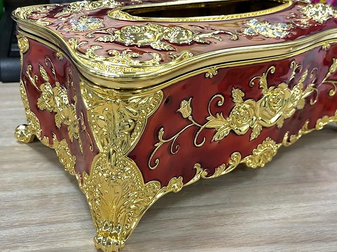 9.45"x5.43"x3.94" Luxurious Rose Tissue Box with Imitation Diamonds, Embossed Flowers, Elegant Tissue Paper Holders for Home Toilet Bath Hotel,Gold-Red