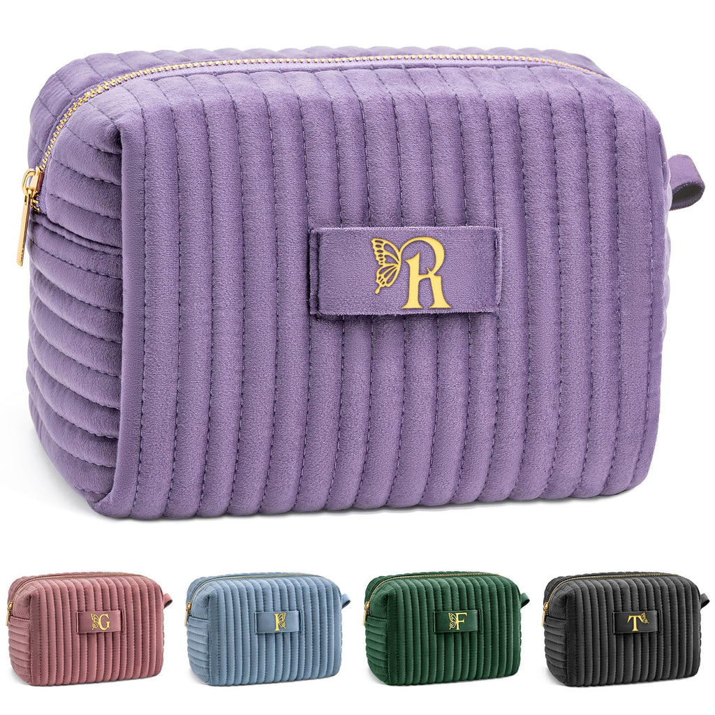 COSHAYSOO Sister Birthday Gifts for Women Best Friend Bestie Friendship Fashion Makeup Bag Make Up Cosmetic Pouch Travel Size Toiletries Skin Care Essentials Organizer Purple Velvet Initial Letter R