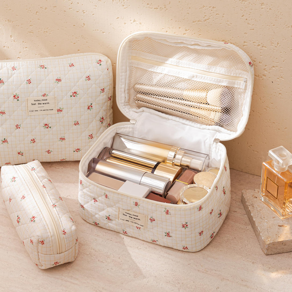 HBselect Quilted Makeup Bag, 3Pcs Cotton Large Travel Makeup Bags Organizer