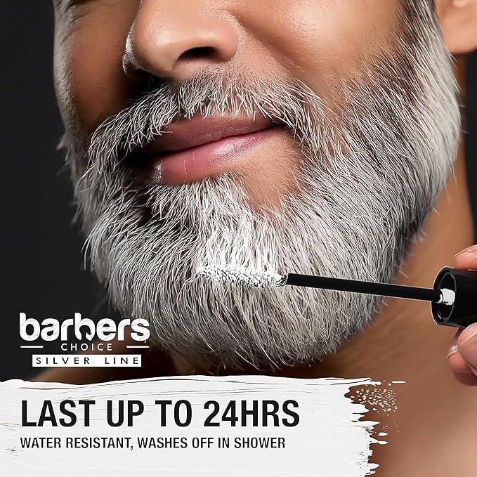 Barbers Choice Silver Line, Facial Hair Brush on Temporary Color for Silver Fox Men- Instantly Brighten White Beards, Mustache & Sideburns, Less Yellow, Easy Application, Steel Gray