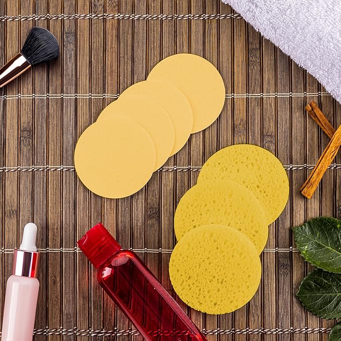 60 Count Compressed Facial Sponges - Natural Wood Pulp Round Esthetician Face Sponges for Cleansing, Daily Face Washing, Exfoliating Makeup, and Mask Removal (Yellow)