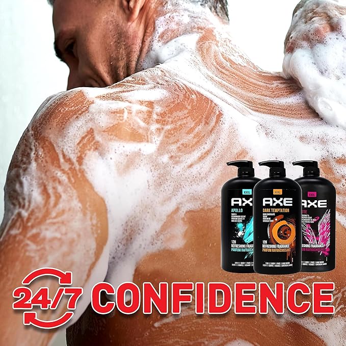 AXE Men's Body Wash Variety 3-Pack, Dark Temptation, Apollo, and Excite 3-in-1 Body, Face & Hair Wash, 32 Oz Ea