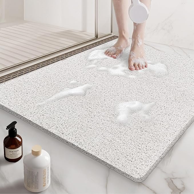 Mecko Square Non-Slip Shower Mats for Inside Shower, Quick-Drying Shower Floor Mat with Foot Scrubber, Anti-Slip Loofah Bathtub Mat for Tub and Wet Areas (White, 24"x24")