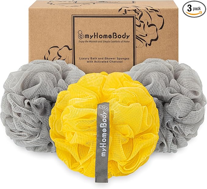 myHomeBody Large 70g Loofah Sponge, 2 Gray + 1 Illuminating Yellow, 3 Pack