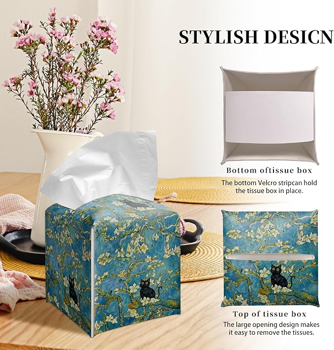 Grace Yonks Art Tissue Box Cover Square - Black Cat on Blossoming Branch Design 5.2" PU Leather Holder for Vanity, Desk, or Bathroom Counter - Cube Case for Facial Tissues. (122)