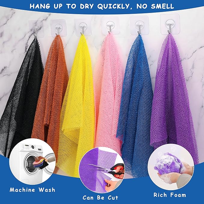 BHYTAKI 6 Pieces African Net Sponge African Exfoliating Net Long African Bath Sponge Washcloth Shower Net African Body Scrubber Net for Skin Smoother Daily Use(Pink,Yellow,Purple,Black,Blue,Brown)