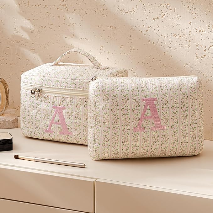 HBselect 2Pcs Initial Quilted Makeup Bag, Pink Cosmetic Travel Toiletry Bag, Flowers Coquette Zipper Make Up Pouch Organizer Teen Girl Gift Trendy Stuff A