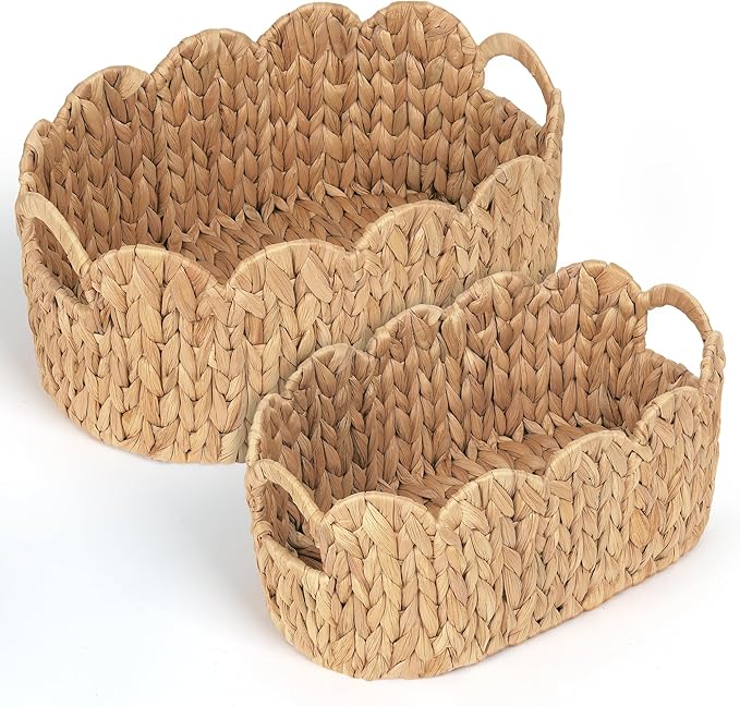 Scalloped Wicker Basket, Set of 2 Hand-Woven Natural Rattan Baskets with Built-in Handles, Water Hyacinth Storage Oval Cute Baby Baskets for Nursery, Organizing, Decor and Shelves