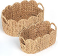 Scalloped Wicker Basket, Set of 2 Hand-Woven Natural Rattan Baskets with Built-in Handles, Water Hyacinth Storage Oval Cute Baby Baskets for Nursery, Organizing, Decor and Shelves