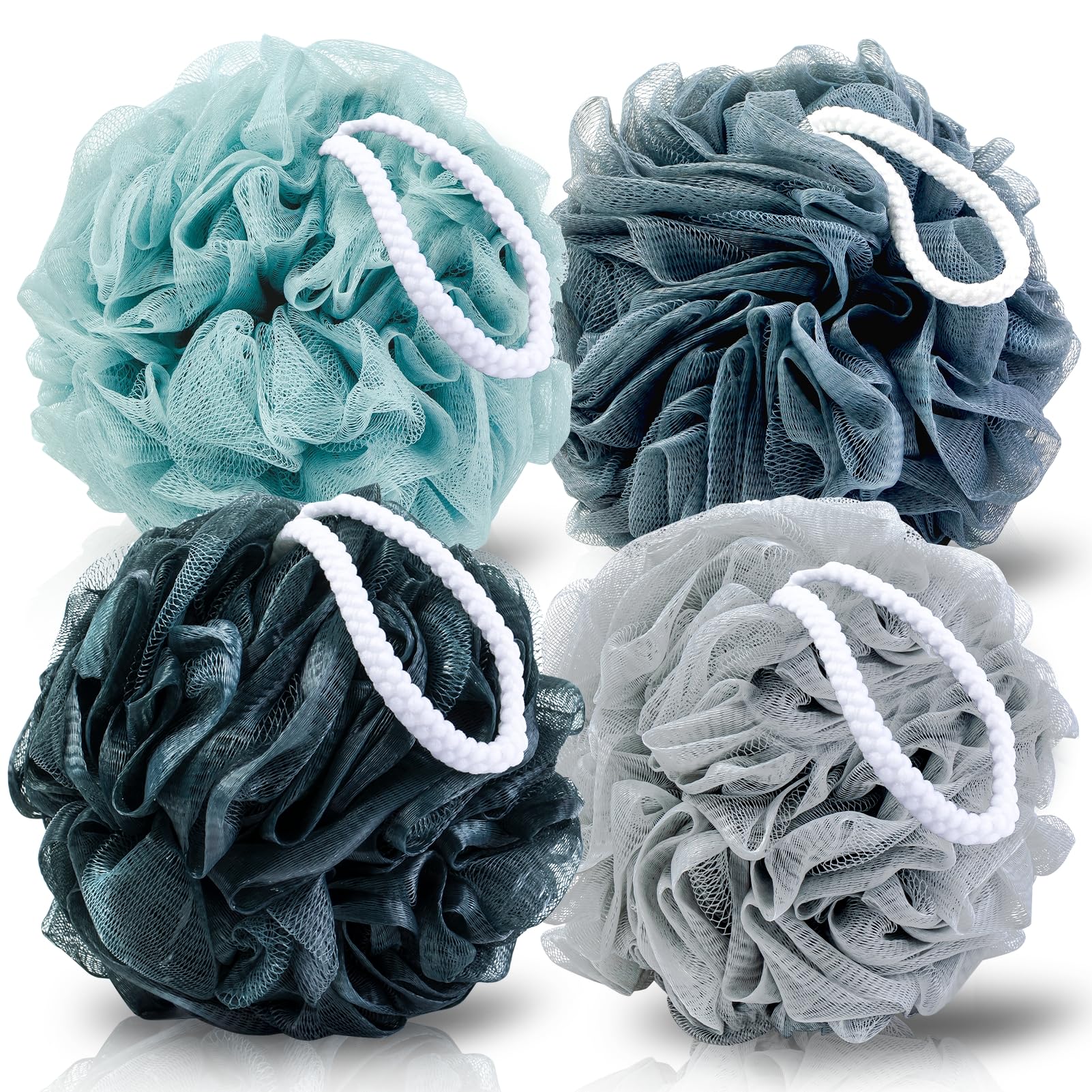 MTDLYICE Loofah Sponge XXL-100g 4 Pack, Bath Sponge Soft Mesh Shower Puff Loofah for Men, Exfoliating Body Scrubber for Women, Shower Accessories (Blue Gray)