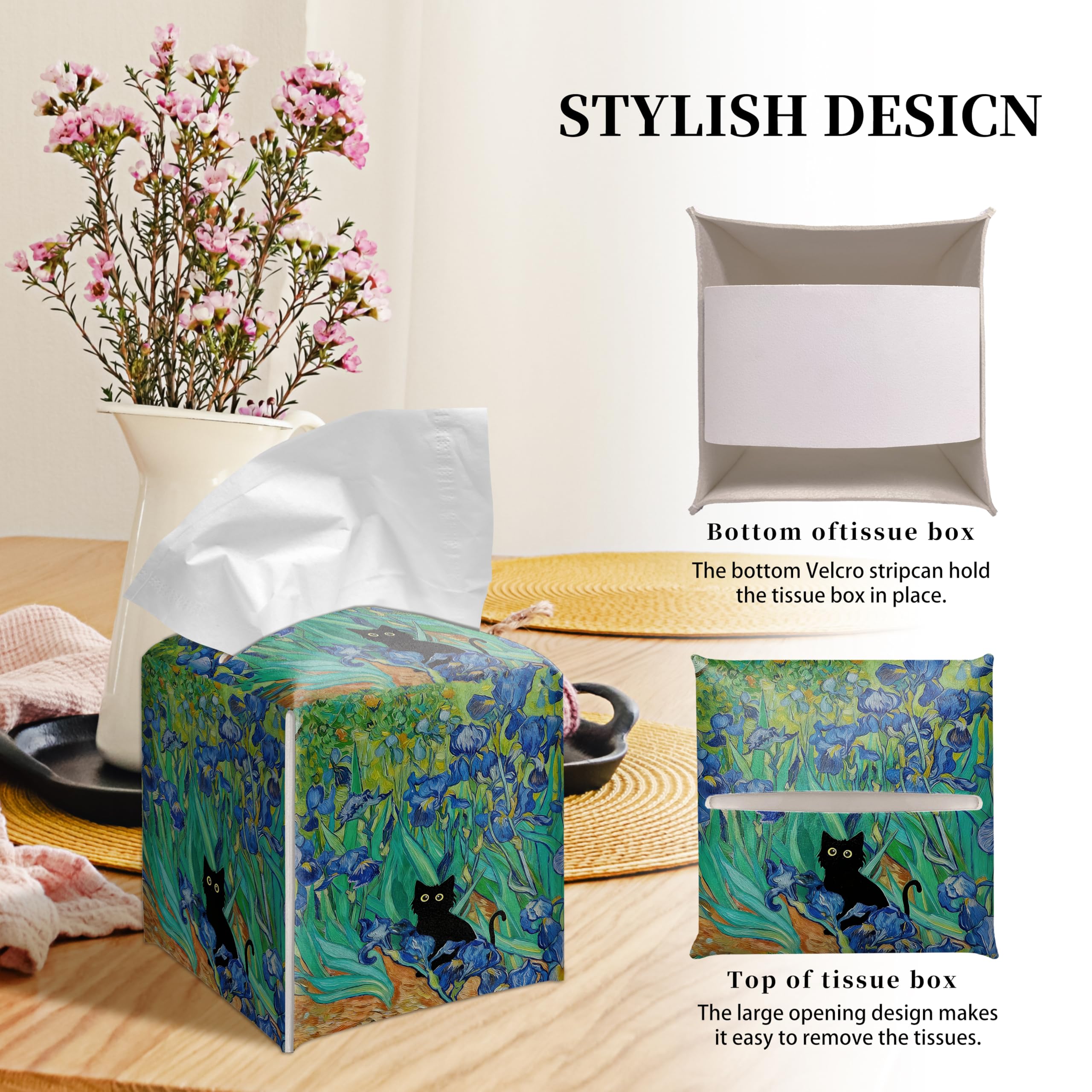 Grace Yonks Art Tissue Box Cover Square - Black Cat Among Irises Design 5.2" PU Leather Holder for Vanity, Desk, or Bathroom Counter - Cube Case for Facial Tissues. (121)