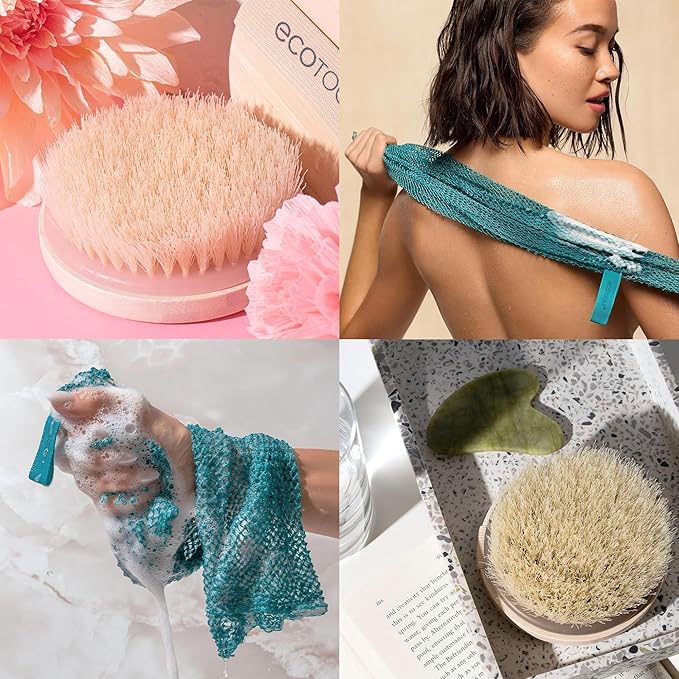 EcoTools Dry Body Brush for Circulation, Dead Skin Removal + Exfoliating Body Scrubber Bath Net, Inspired by The African Net Sponge, Self-Care Gifts, Natural Beige