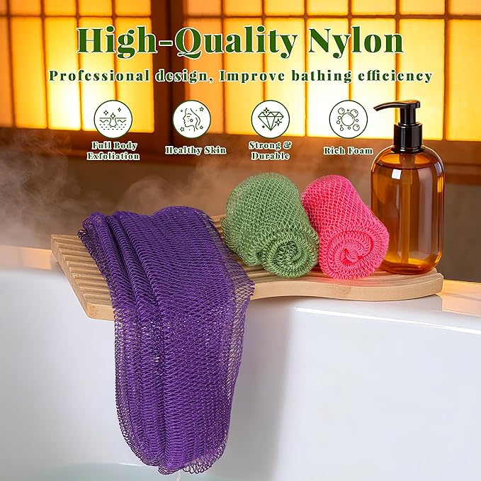 African Net Sponge Authentic, 3 Pieces Exfoliating Scrubber Bath Sponge for All Skin Types, Back Scrubber Loofah Washcloth for Shower, Gentle Exfoliation, Gift 1 Travel Bag (Purple, Pink, Light Green)