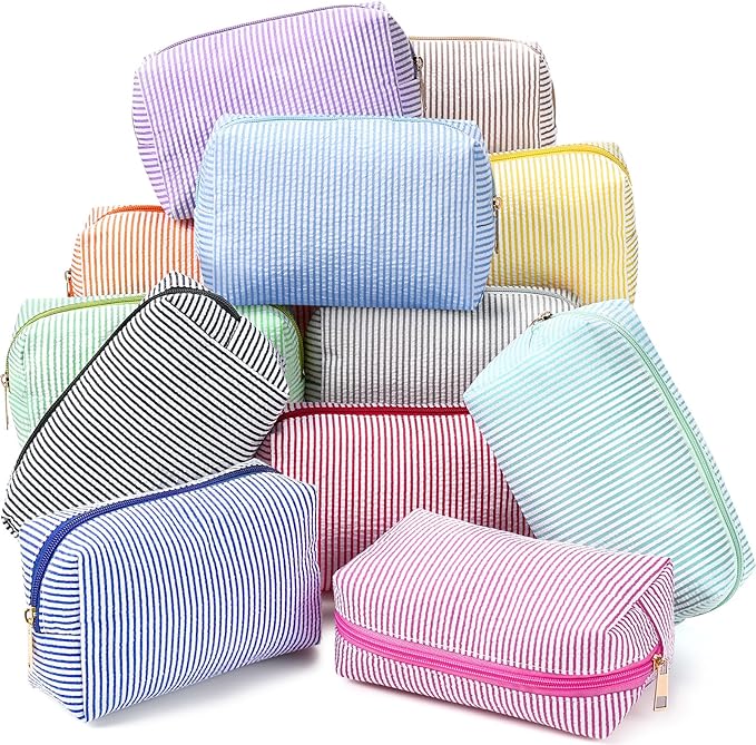 Sanwuta 12 Pcs Seersucker Cosmetic Bags Bulk Seersucker Makeup Bags Stripe Women Pouch Large Preppy Storage Pouch Toiletry Travel for Wedding Bridesmaid Bride Favor Back to Teacher Gift (Neutral)