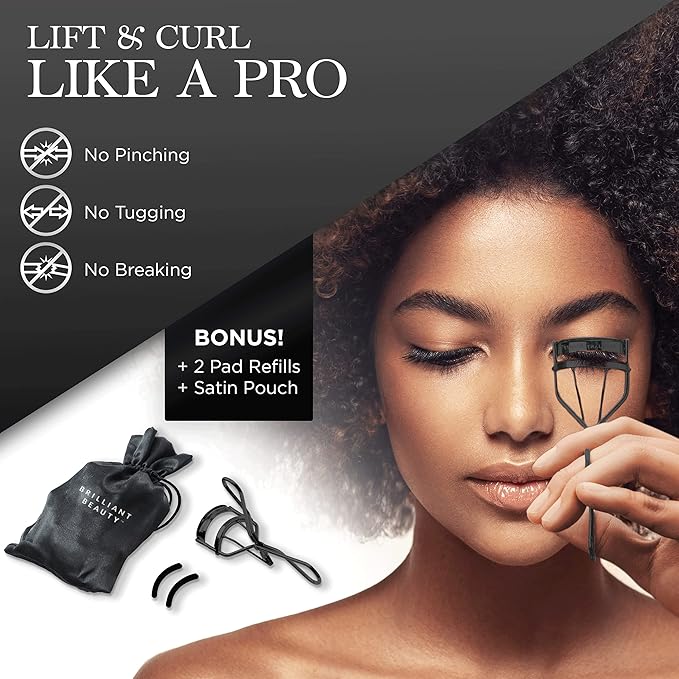 Brilliant Beauty Eyelash Curler with Satin Bag & Refill Pads - Award Winning Eye Lash Curlers for Dramatically Curled Eyelashes & Lash Lift in Seconds (Jet Black)