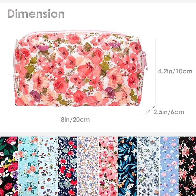PAZIMIIK Small Quilted Makeup Bag,Zipper Cosmetic Pouch,Floral Red