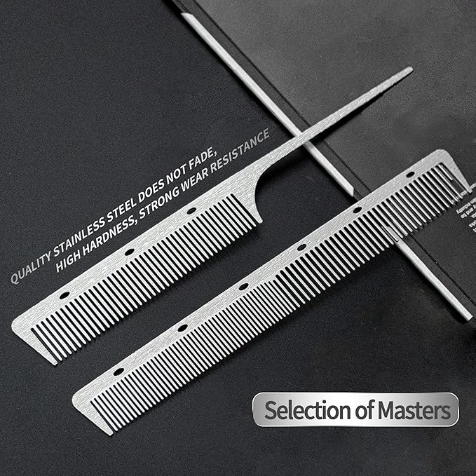 2 Pcs 304 Stainless Steel Metal comb, anti-static, heat-resistant, Ultra-thin, Metal Teasing Comb with Pick, Rat Tail Comb, Wood Grain Design