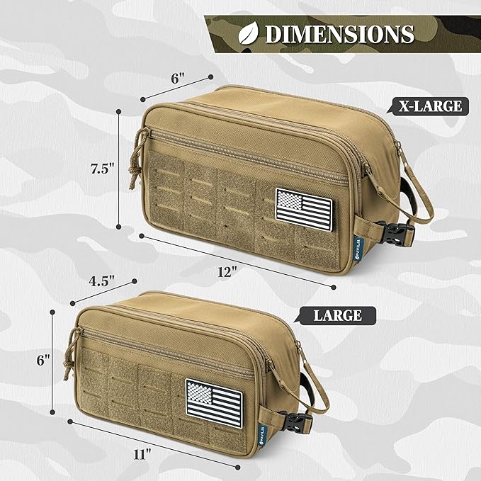 PAVILIA Tactical Toiletry Bag for Men, Water Resistant Molle Military Dopp Kit, Travel Hygiene Organizer with Wet Dry Storage for Shaving, Grooming, Gym and Camping, Tan XL