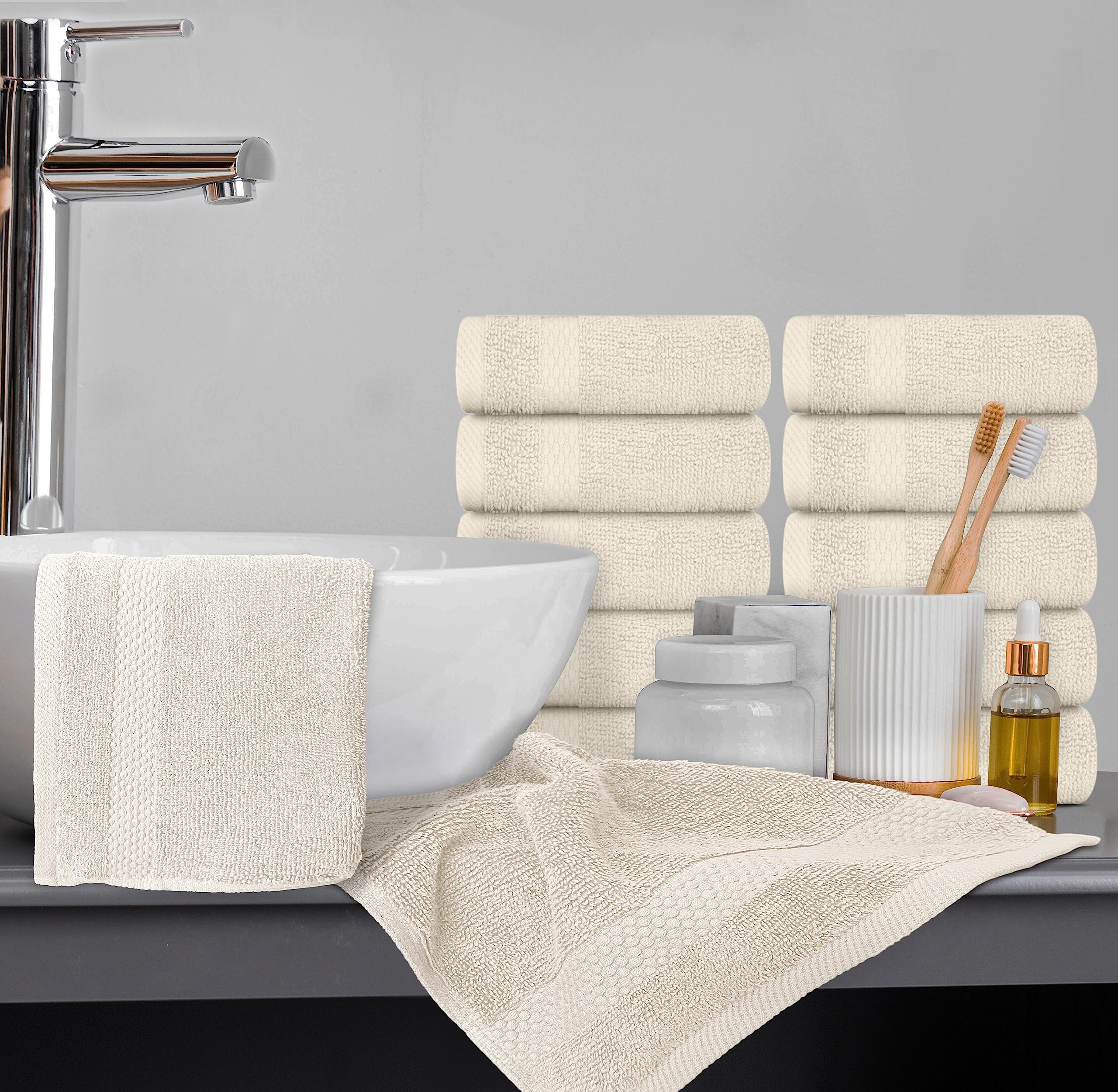 White Classic Luxury Cotton Washcloths 13x13 Inch - 650 GSM Turkish Cotton | Hotel, Spa, Bathroom Face Towel | 12 Pack, Ivory
