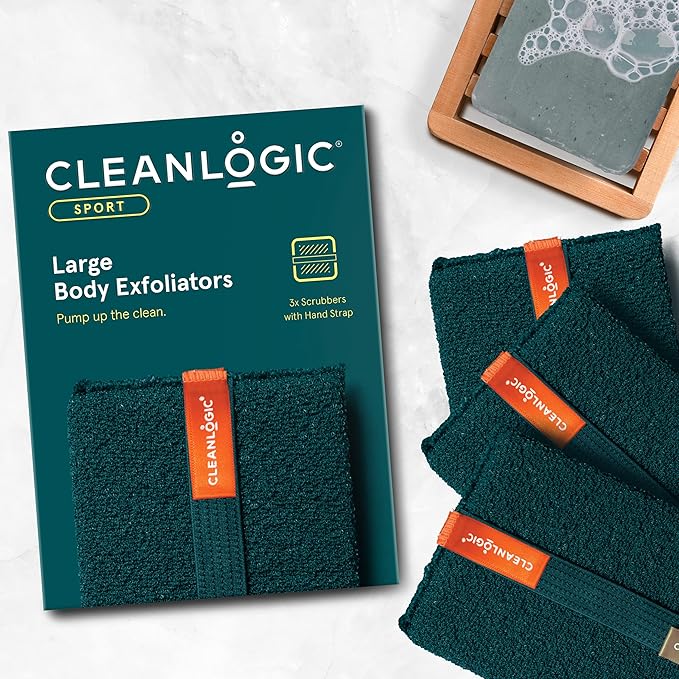 Cleanlogic Sport Exfoliating Body Scrubber, Large Exfoliator Tool for Athletes, Daily Skincare Routine for Smooth Clean Skin, 3 Count Value Pack