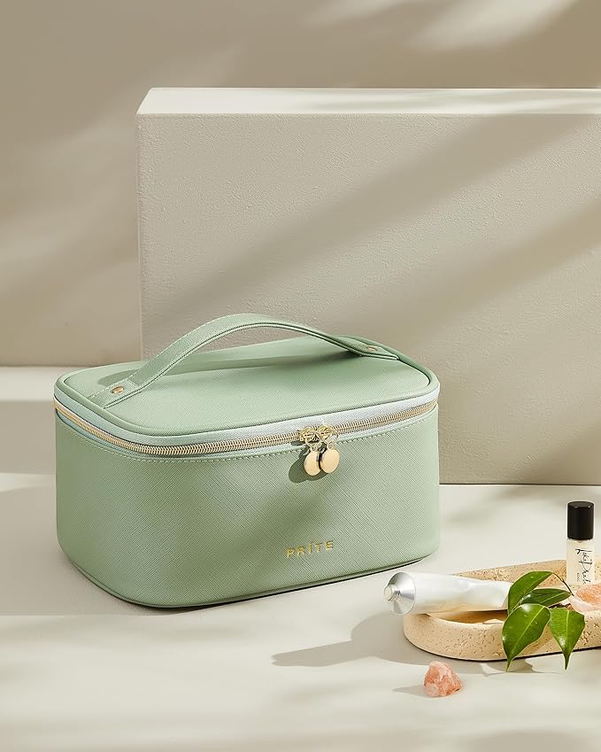 Prite Makeup Bag, Large Capacity Cosmetic Bag for Women and Girls, Waterproof PU Leather Travel Makeup Case, Toiletry Organizer with Handle and Divider for Skincare and Brushes - Green