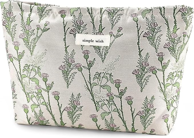 URSKYTOUS Flower Makeup Bag Travel Large Cosmetic Bag for Women Cute Leaf Makeup Pouch Zipper Cosmetic Pouch for Purse Aesthetic Green Floral Skincare Organizer Portable Toiletry Bag