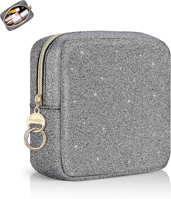 Playexen 5.7" Small Makeup Bag, Glitter Cosmetics Bag for Purse, Portable Small Travel Makeup Pouch with Ring Buckle (Black)