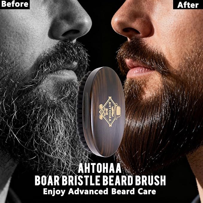 AHTOHAA Professional Men's Beard Brush with Boar Bristles - Small Sized Travel Wooden Mustache Brush for Daily Grooming & Styling (Hat)