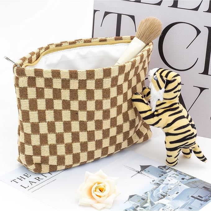 PAZIMIIK Knitted Checkered Makeup Bag Large Zipper Make Up Accessory Pouch for Purse Cosmetic Brush Bag for Travel Essential,Coffee