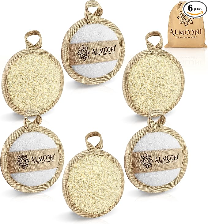 ALMOONI Natural Loofah Face Scrubber, Egyptian Facial Pads, 6 Count