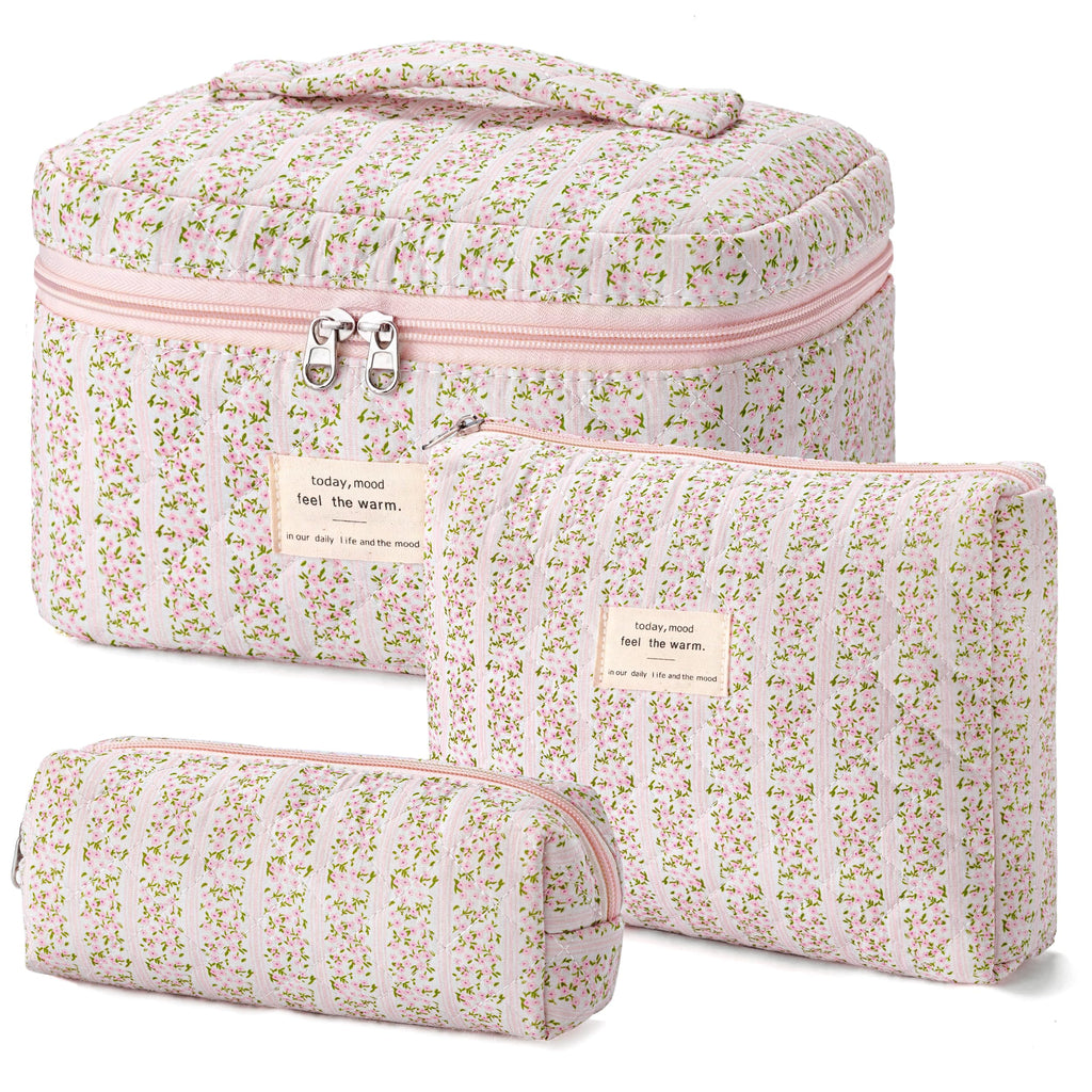 HBselect Quilted Makeup Bag, 3Pcs Cotton Large Travel Makeup Bags Organizer