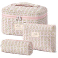 HBselect Quilted Makeup Bag, 3Pcs Cotton Large Travel Makeup Bags Organizer