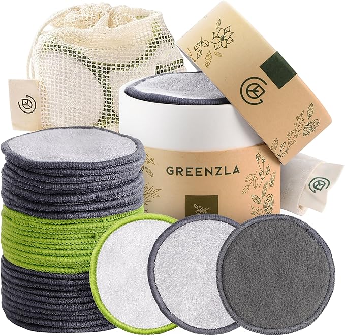GREENZLA Reusable Makeup Remover Pads | 30 Pack | Bamboo Cotton Rounds