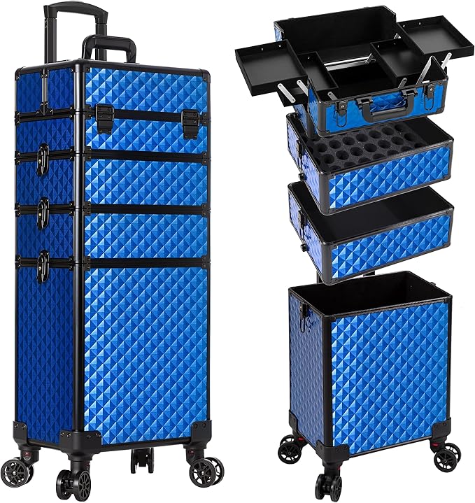 AROUS Rolling Train Makeup Case Cosmetology Case on Wheels, Blue