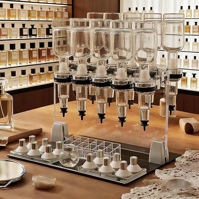 QIUNAOZI Liquid Filling Machine Transfer Tools, 12 Pump Heads,Testing Cups, 200ml Glass Perfume Bottles, Flow Adjustable, Suitable for Liquid Colognes/Perfume Samples