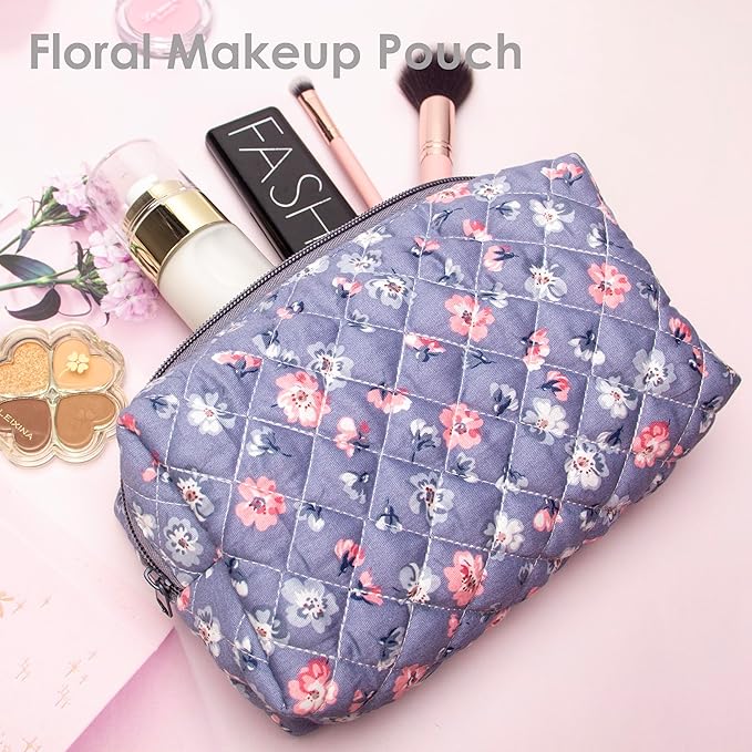 PAZIMIIK Small Quilted Makeup Bag,Zipper Cosmetic Pouch,Grey Floral