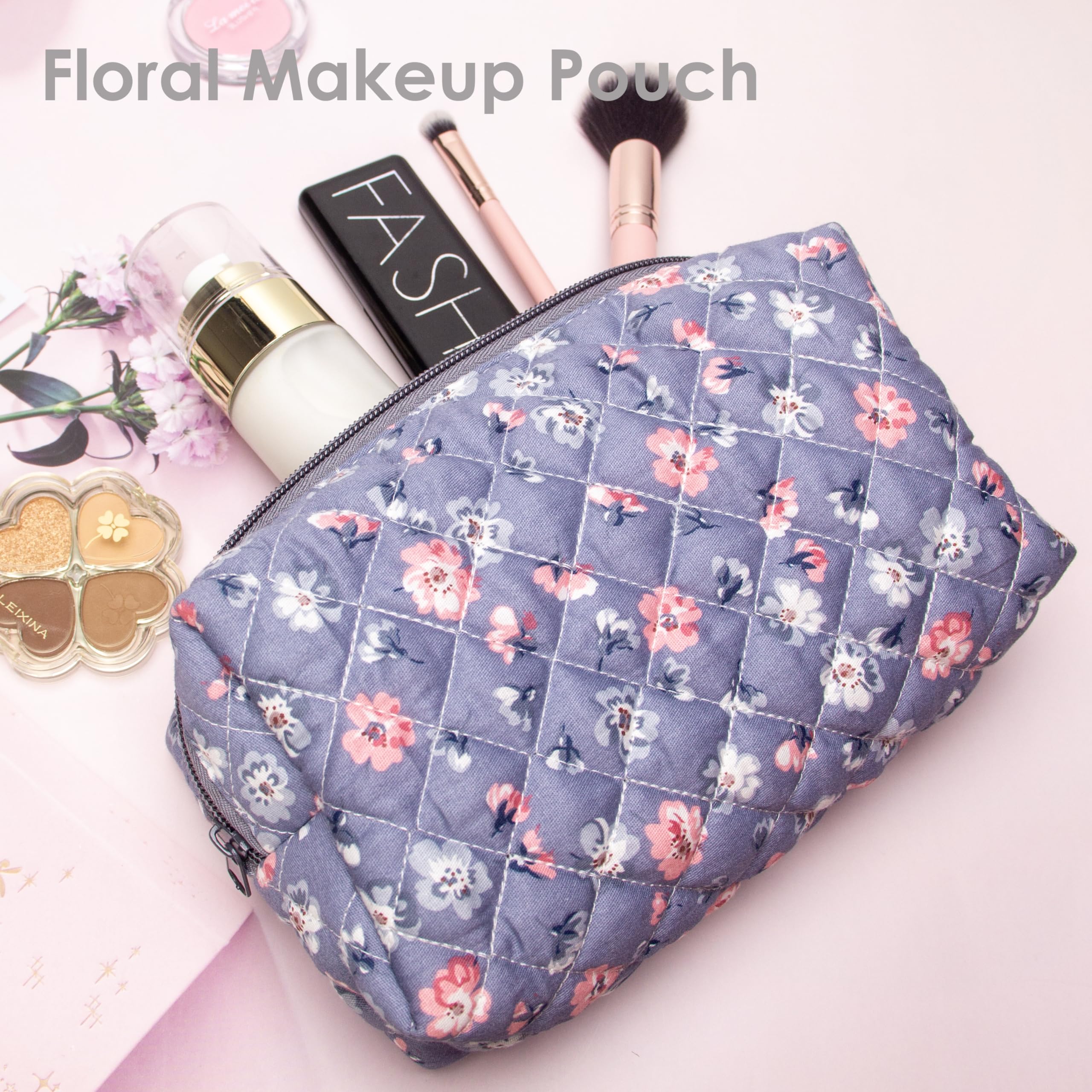 PAZIMIIK Small Quilted Makeup Bag,Zipper Cosmetic Pouch,Grey Floral