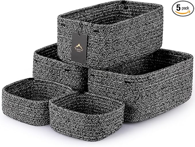 VIRETH HAUS 5-Pack Small Woven Rope Storage Baskets – 2 Sizes Organizer Bins for Closet, Shelf, Bookshelf, Nursery, Changing Table, Fabric Cube Boxes, Rectangular Shallow Bins for Bathroom, Toy & Home