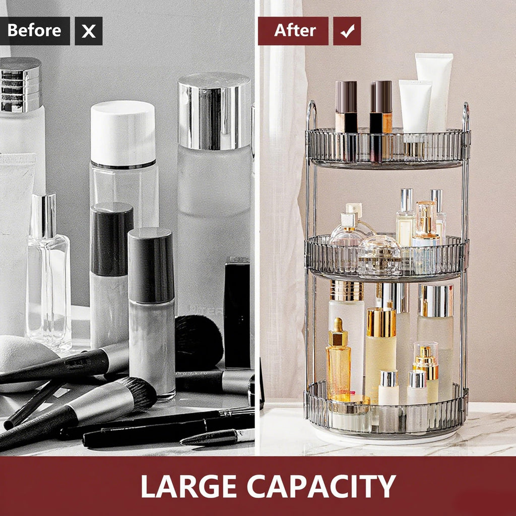 INVSSENE 360° Rotating Makeup Organizer, Bathroom Make Up Spinning Holder Rack, Large Capacity Cosmetics Storage Vanity Shelf Countertop, Fits Cosmetics, Perfume, Skincare, Lipsticks(3 Tiers, Gray)