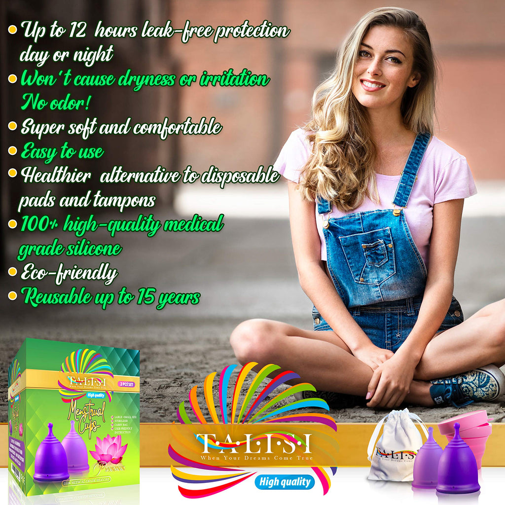 Talisi Reusable Menstrual Cup (Small & Large) Set of 2 with Foldable Silicone Sterilizer, Copa Menstruelle, Soft Period Cup, Heavy & Light Flow, Feminine Hygiene, Tampons, Pads & Disc Alternative