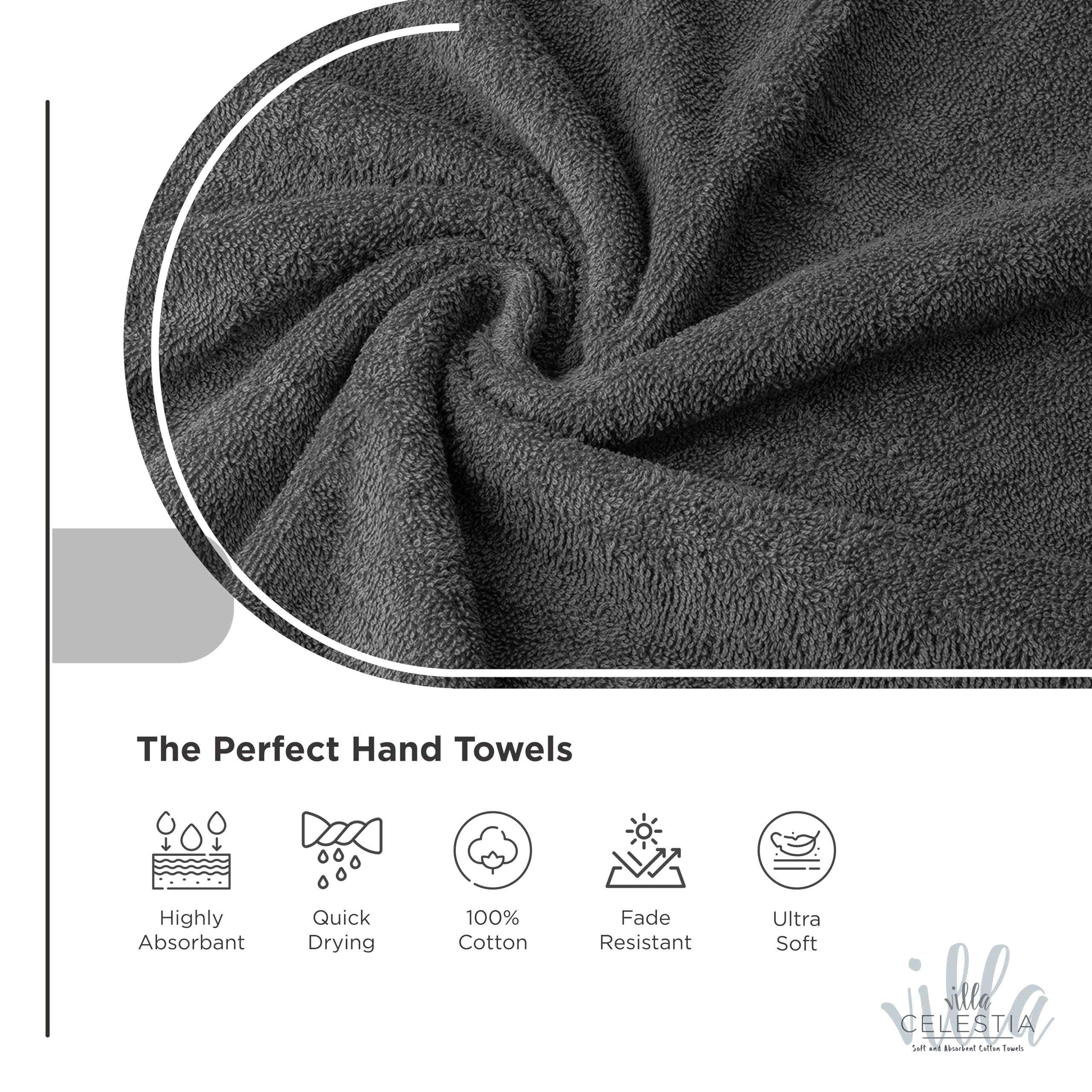 Villa Celestia Cotton Hand Towels Set of 4, 16 x 28, Oeko-TEX Certified, Quick Dry, Grey
