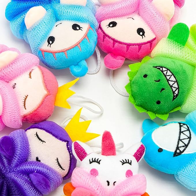 MURRI&MURRDI 3 Pack Kids Bath Sponges,Soft Animal Shower Poufs, Gentle Exfoliating Body Scrubber for Toddlers, Cute Cartoon Mesh Loofah Gift Set for Boys & Girls