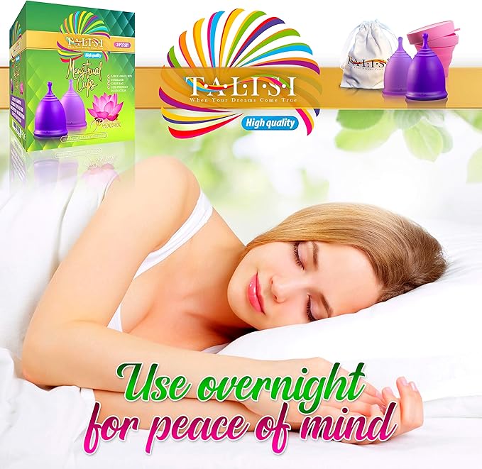 Talisi Reusable Menstrual Cup (Small & Large) Set of 2 with Foldable Silicone Sterilizer, Copa Menstruelle, Soft Period Cup, Heavy & Light Flow, Feminine Hygiene, Tampons, Pads & Disc Alternative