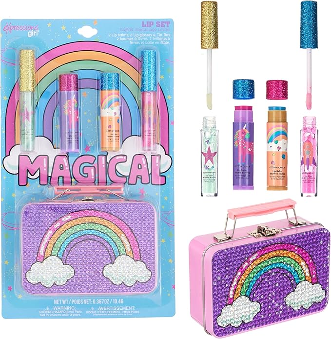 5pc Rainbow Rhinestones Cosmetics Lip Kit For Kids w/Lip Glosses, Lip Balms & Tin Box Storage Case "Magical" Lip Set,Washable + Non Toxic